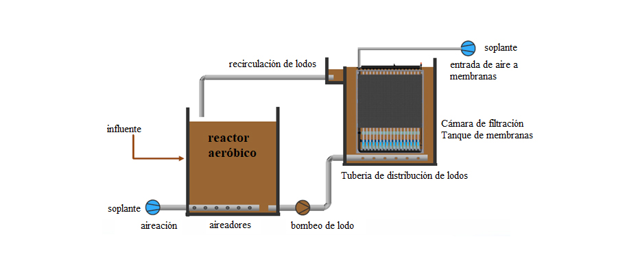 Representación esquemática de un reactor MBR con los módulos de membranas instalados fuera del tanque de reacción con tuberías para distribución de lodos.